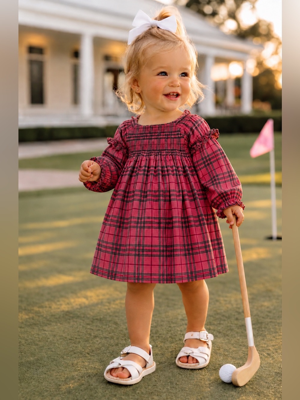 BURBERRY LONDON Long Sleeve Pink Iconic Nova Check Ruffle Stretch Dress